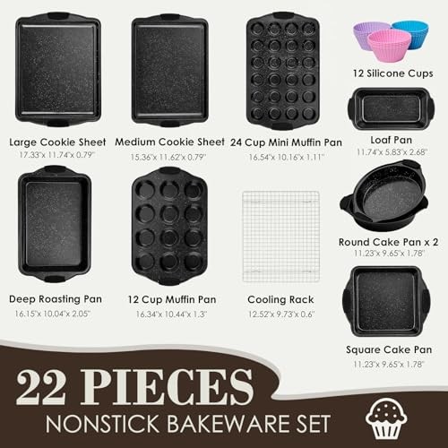 Baking Pans Set Nonstick, Bakeware Sets Stackable with Silicone Handles, Black