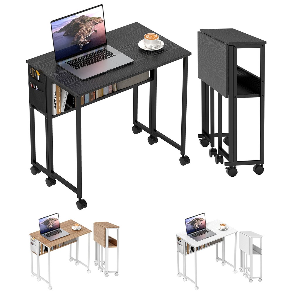 HOMCOM Small Folding Desk Foldable Computer Desk with Shelf Wheels