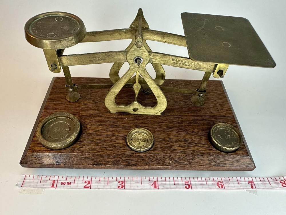 Vintage Brass postal scale, Wood Base With Three Weights.