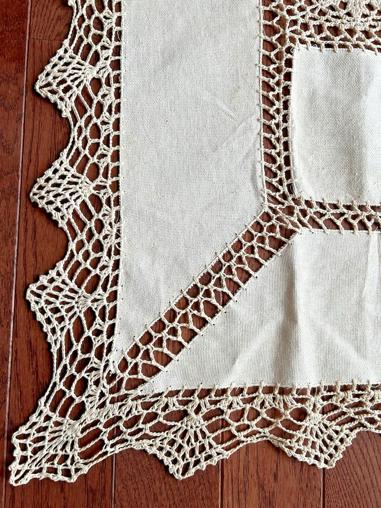 Hand Crocheted Ecru Beige Linen 33" Square Table Topper