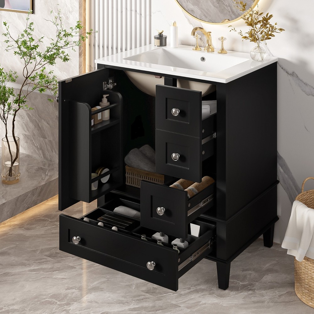 24" Bathroom Vanity with Ceramic Sink &Soft-close Drawers &Double-Layer Shelf