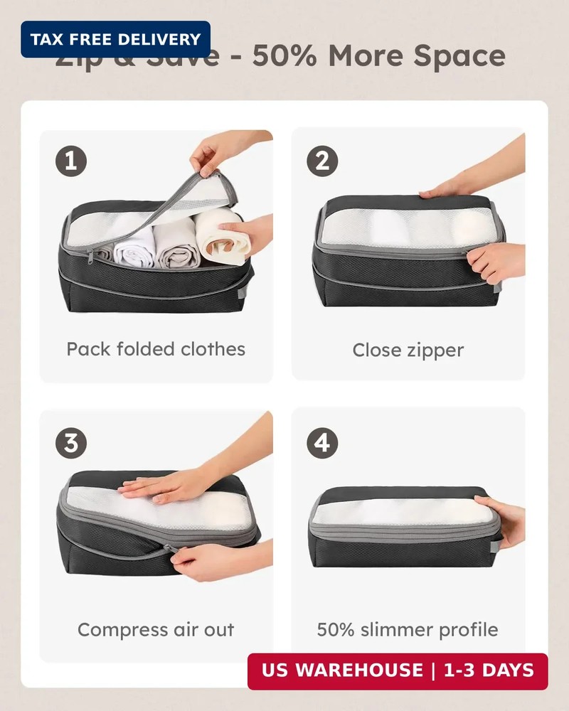 4 Set Compression Packing Cubes for Travel, Bonus Versatile Drawstring Backpack,