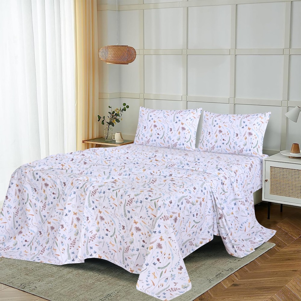 100% Cotton Sheets King Size Percale Bedding Cooling & Breathable Floral Design
