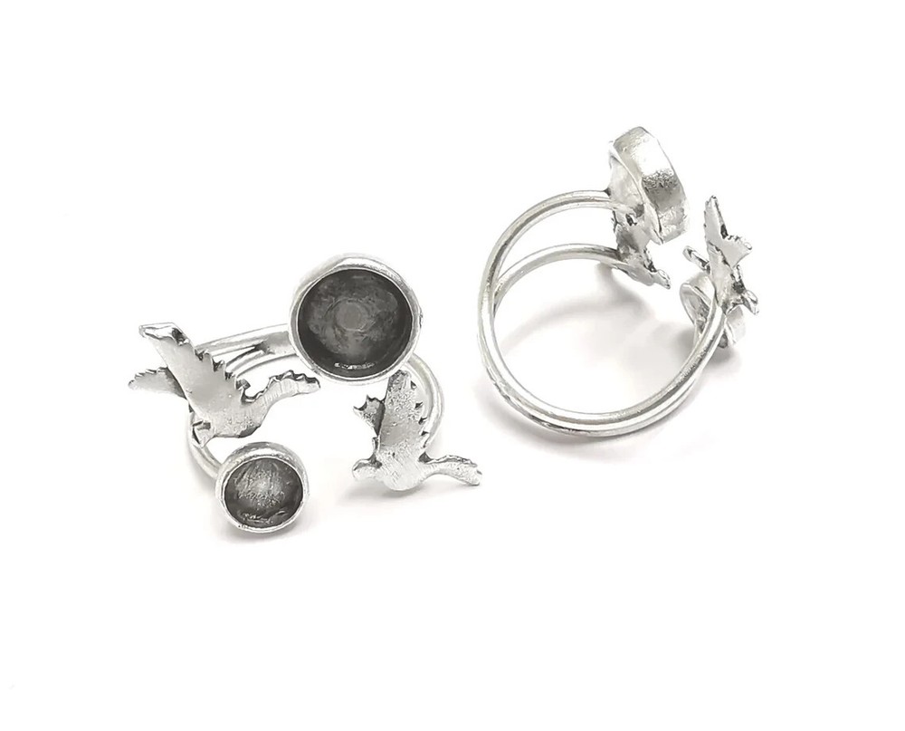 Flying Birds Silver Ring Setting Blank Cabochon Mounting Adjustable Brass