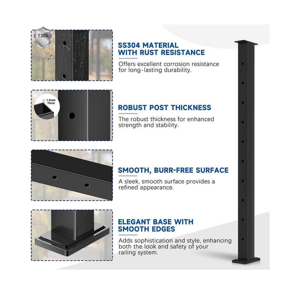 36" One-Stop Cable Railing Post Kit, 4 Pack Fixed Top Level Drilled Line Post...