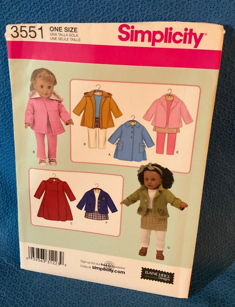 Simplicity Pattern 18 Inch Doll Clothes  3551 MAP