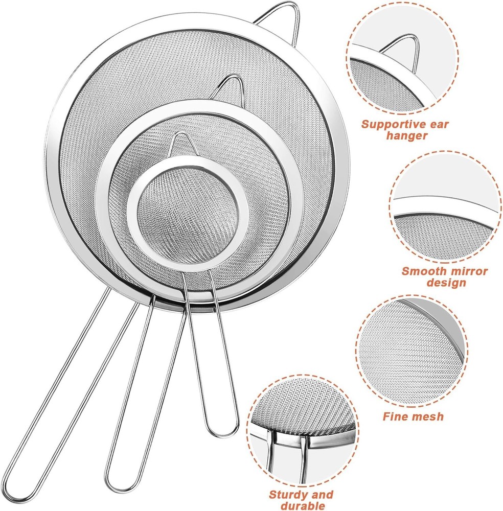 3Pcs Super Wire Extra Fine Mesh Strainer with Handle, Small Medium Large Size...