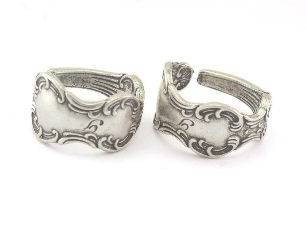 Spoon Ring Flower Patterned Adjustable Ring Antique Silver Plated brass 8US 2676