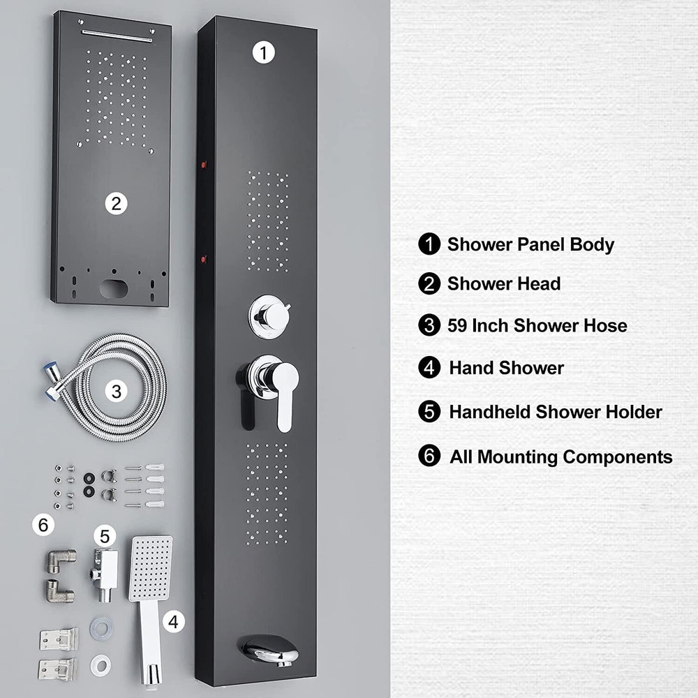 Shower Panel Tower System Faucet LED Rain&Waterfall Head 5-Function Massage Jets