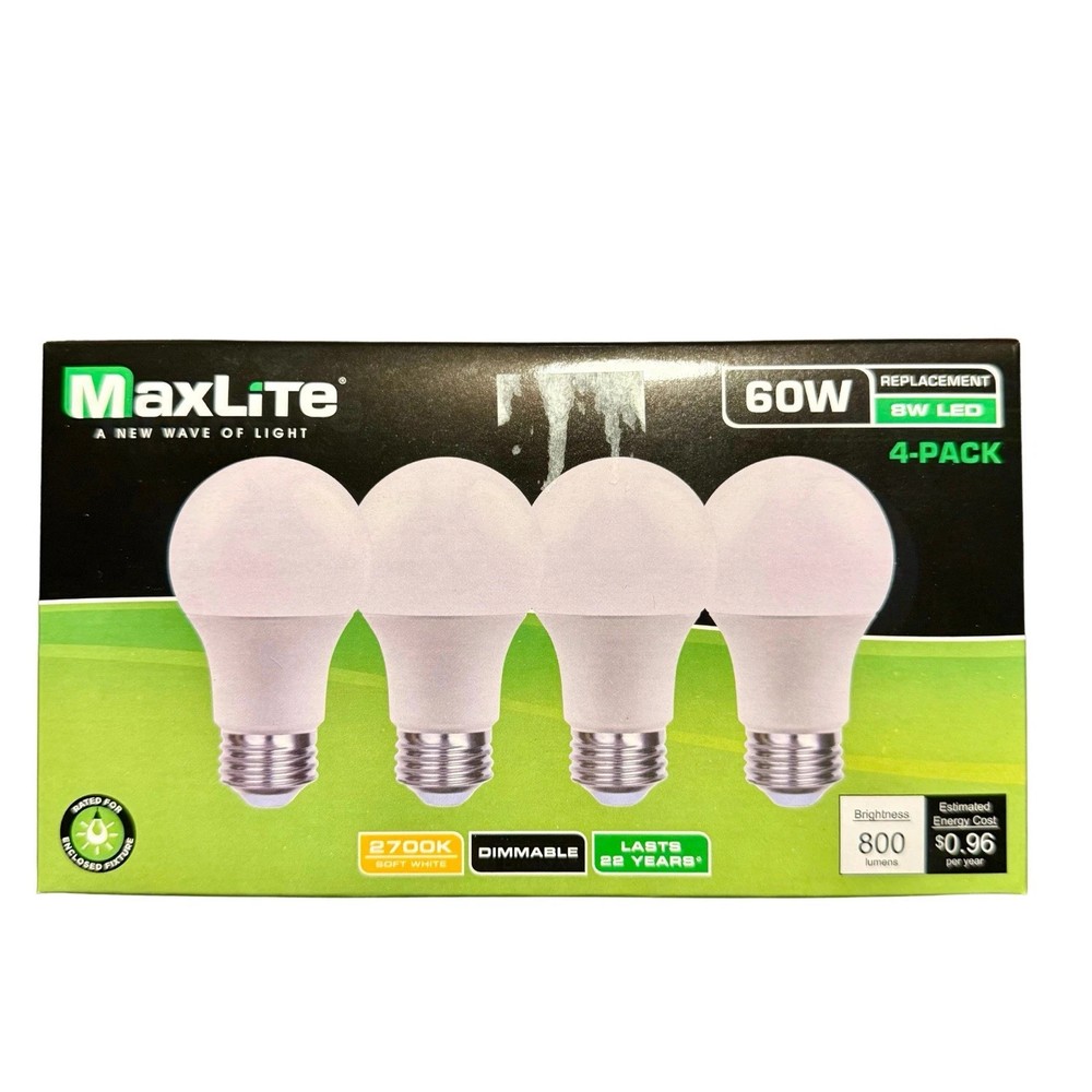 2x4 Pack Maxlite 8W LED Bulb = 60 watt replace A19 Daylight 5000K LED Light 60w