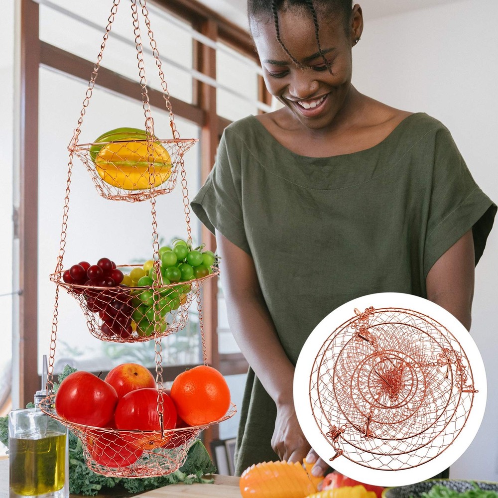 3-Tier Copper Hanging Fruit Basket Foldable Wire Storage Organizer for Kitche...