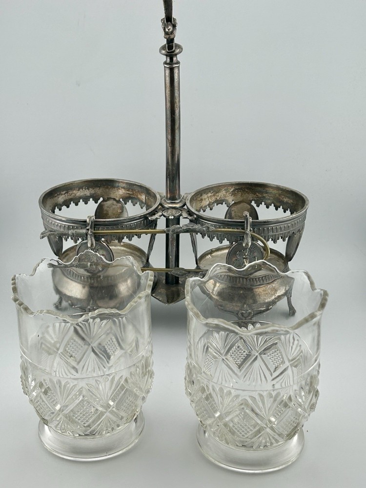 Antique Victorian Silver Plate Double Condiment Cruet EAPG Insert Pickle Fork