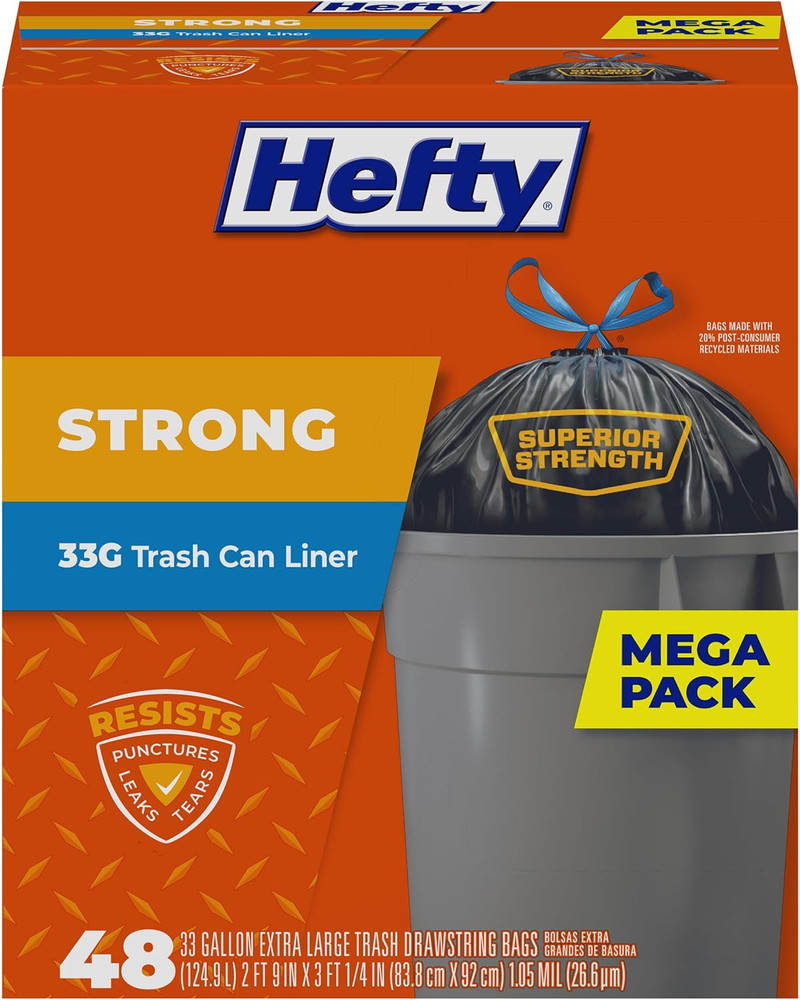 Strong Extra Large Trash Bags, Black, 33 Gallon, 48 Count