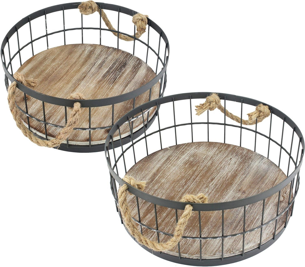 2Pc round Stackable Metal Wire and Wood Basket Set with Rope Handles, Rustic Dec