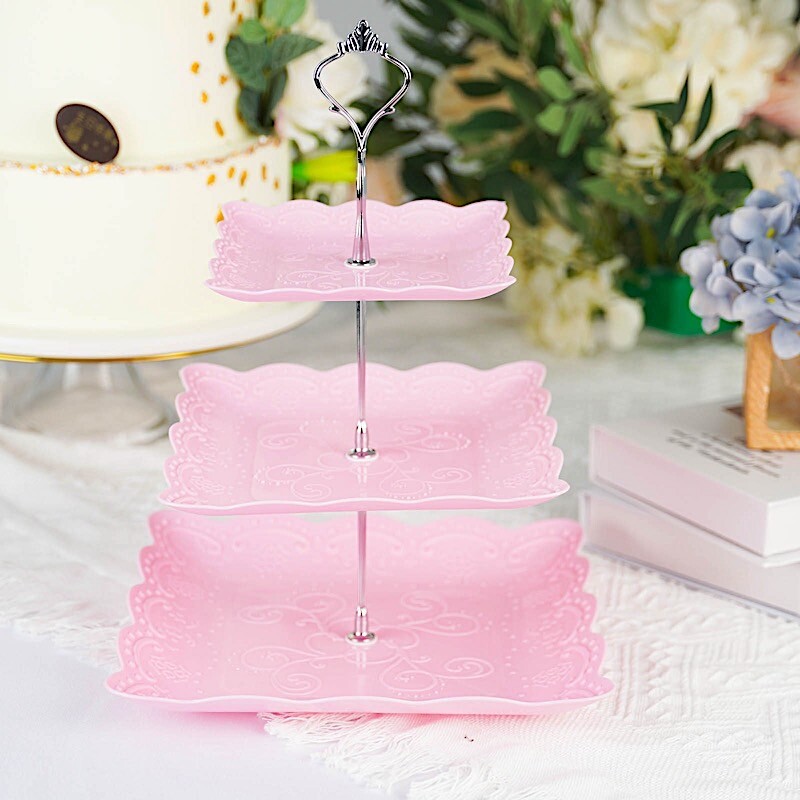 13" Square 3 Tier Plastic Stand Floral Print Square Cupcake Holder Wedding
