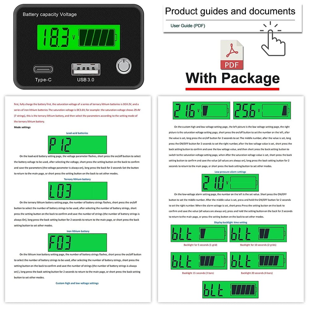 12V Voltage Battery Panel USB Digital Display Meter For Battery Car Motorcycle