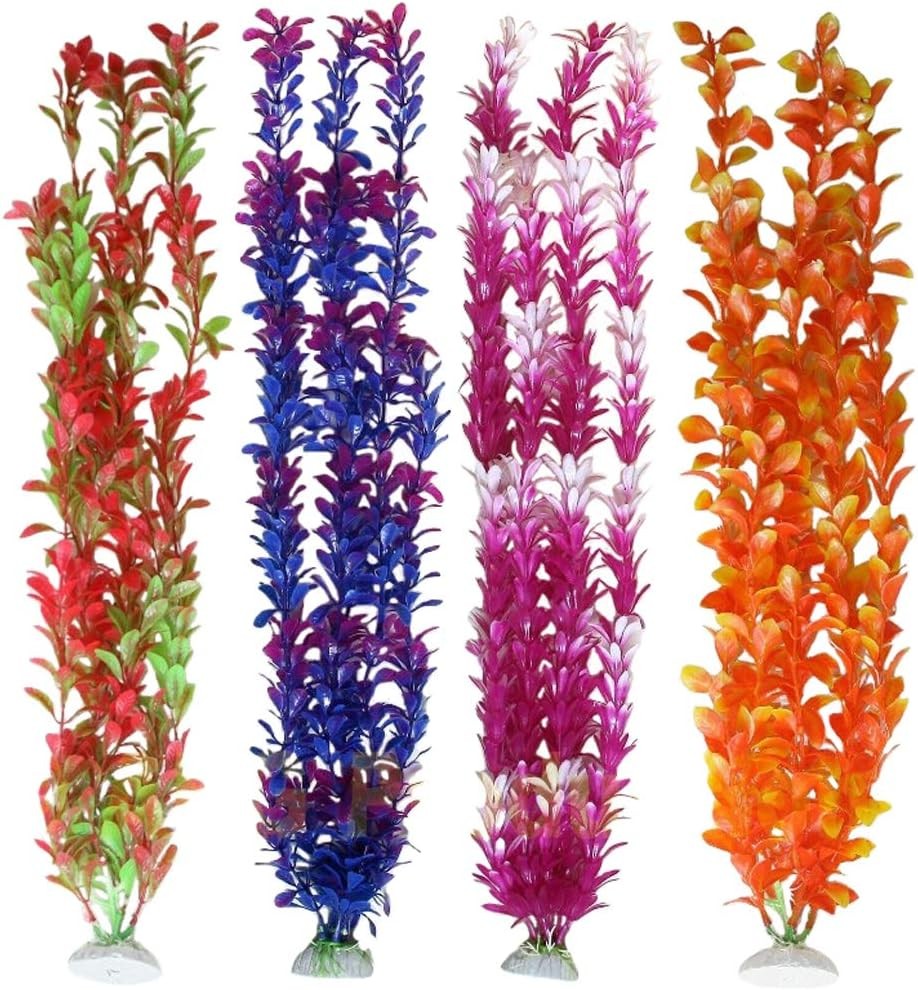 Pack of 4 Tall Plastic Aquarium Plants, Large Fake Fish Multi-colored