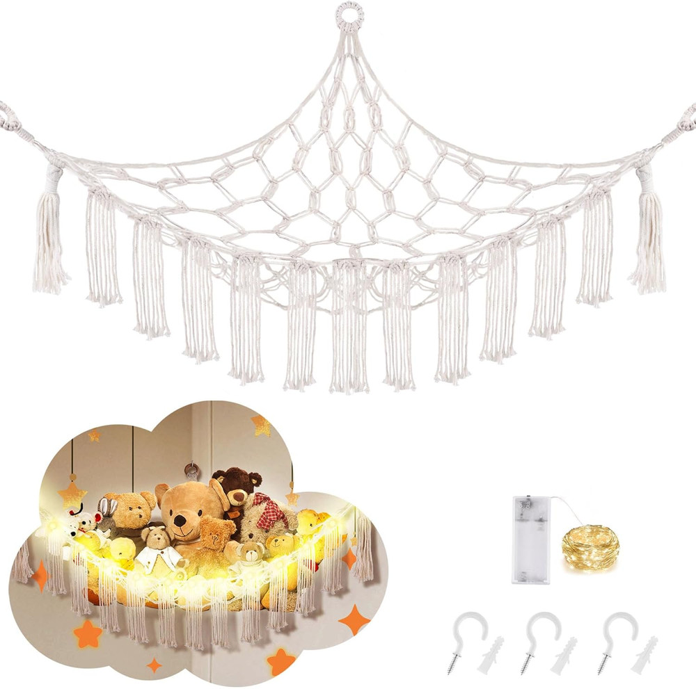 Stuffed Animal Hammock with LED Light, Large Stuffed Animals Storage Corner Plus
