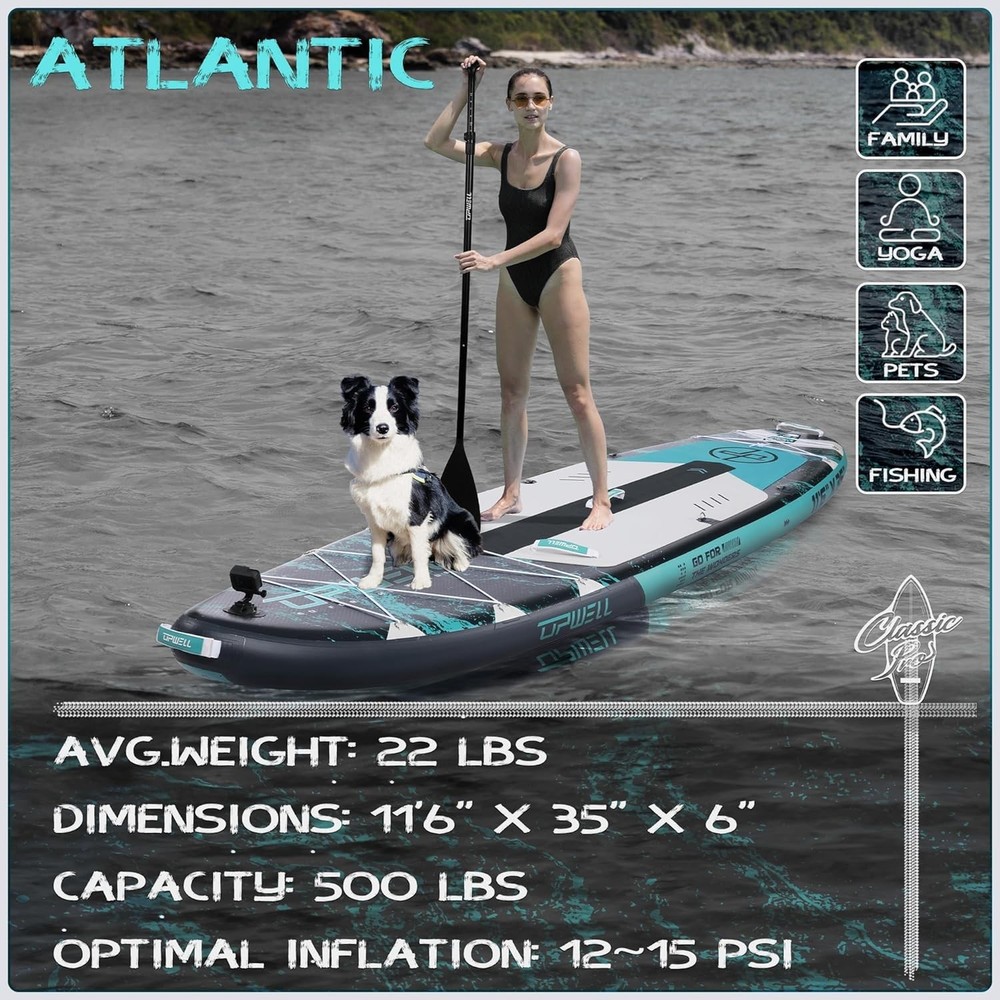Durable 11'6" Paddle Board - Includes Adjustable Paddle & Deluxe Accessories