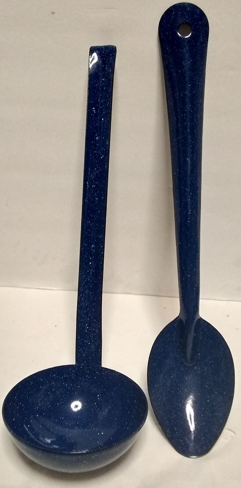 Blue White Speckle Enamel Soup Ladle Dipper Server Pot Spoon Camping Enamelware