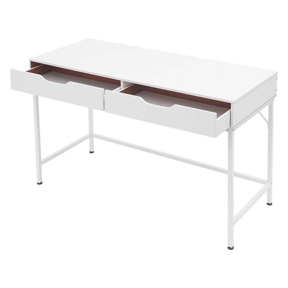Office Computer Desk Metal Frame Modern Study Writing Table w/ 2 Drawers White