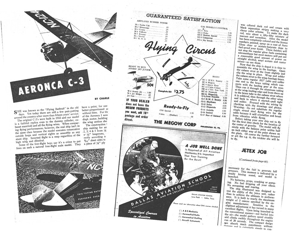 AERONCA C-3 PLAN + AIR TRAILS CONSTRUCTION ARTICLE for a 54" UC Model Airplane