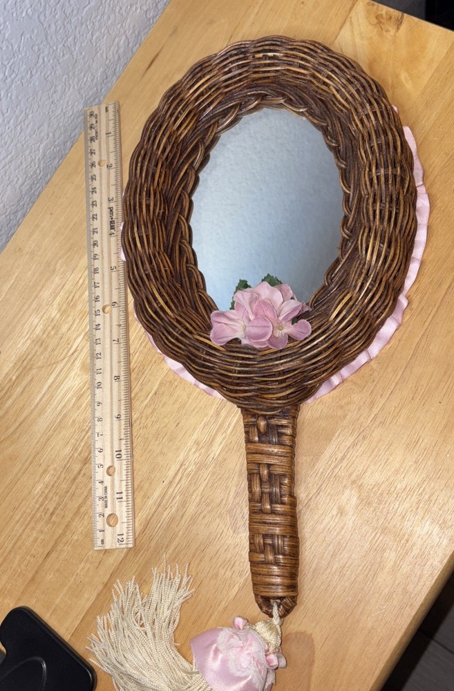 Vintage Wicker Mirror - Handheld - Pink Flower