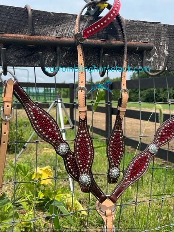 Ruby Red Rhinestone Crystal One Ear Bling Bridle Breast Collar Set