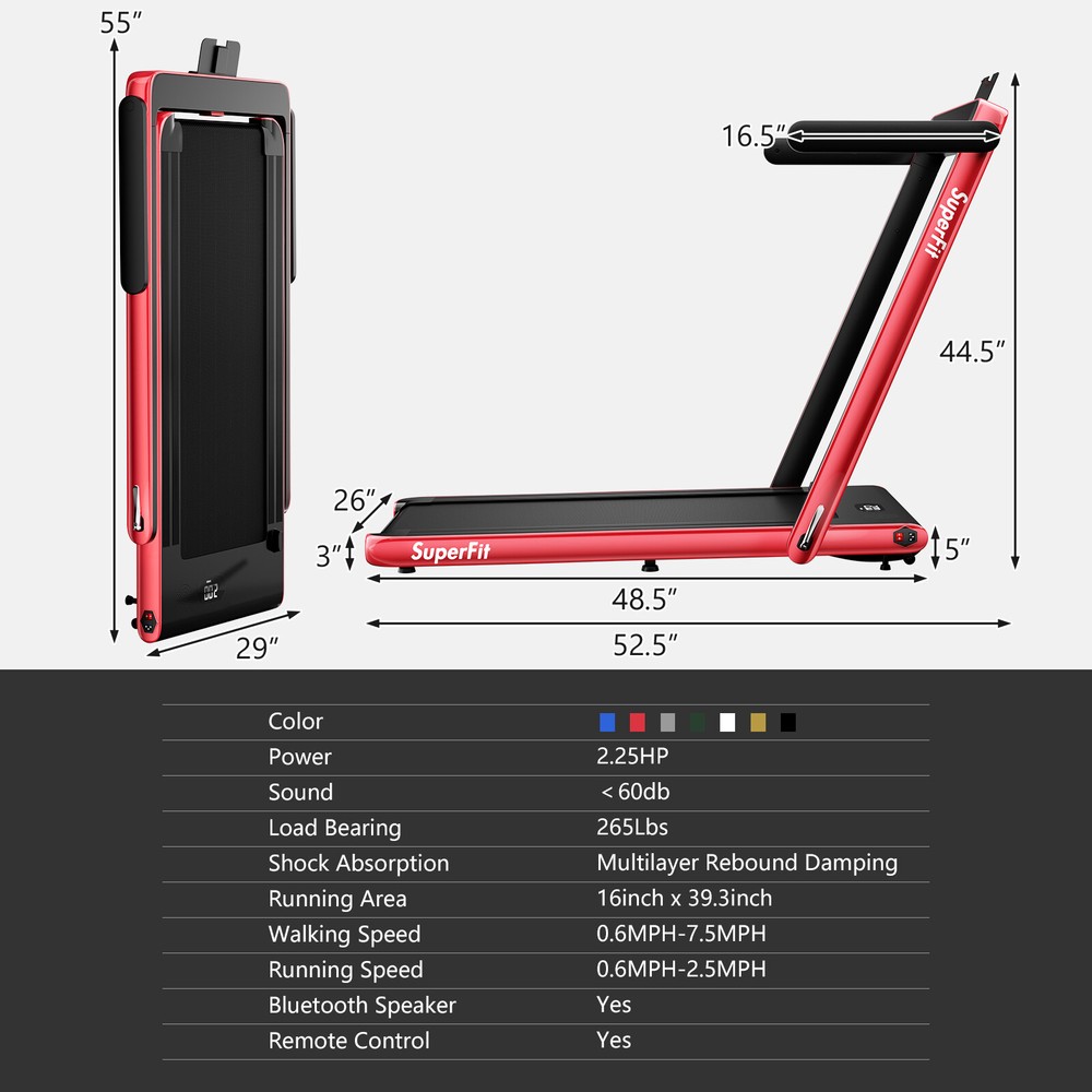 SuperFit 2.25HP 2 in 1 Folding Treadmill W/APP Control Speaker Remote Control