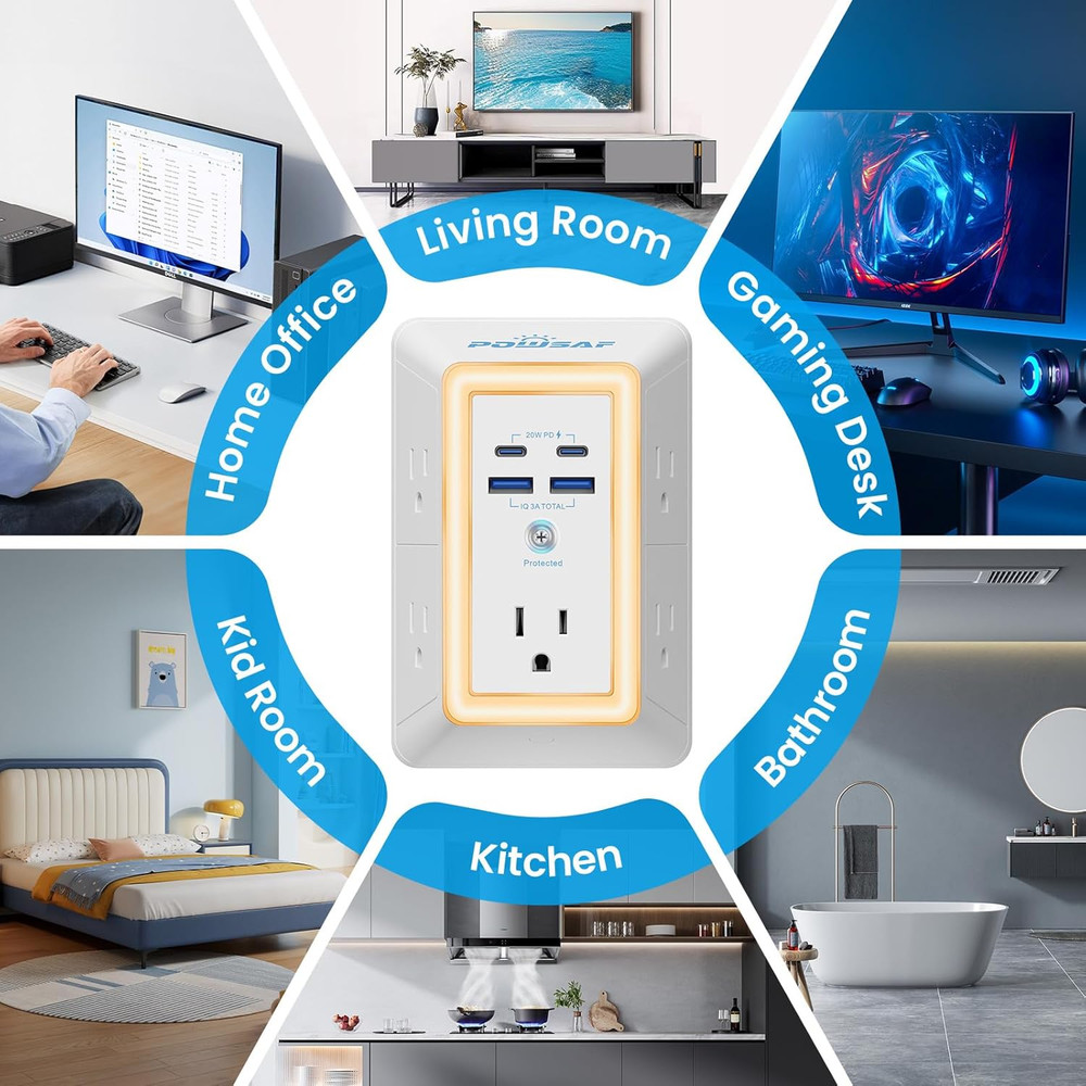 Multi Plug Outlet Surge Protector - POWSAF 5 Outlet Extender with 4 USB Ports(2