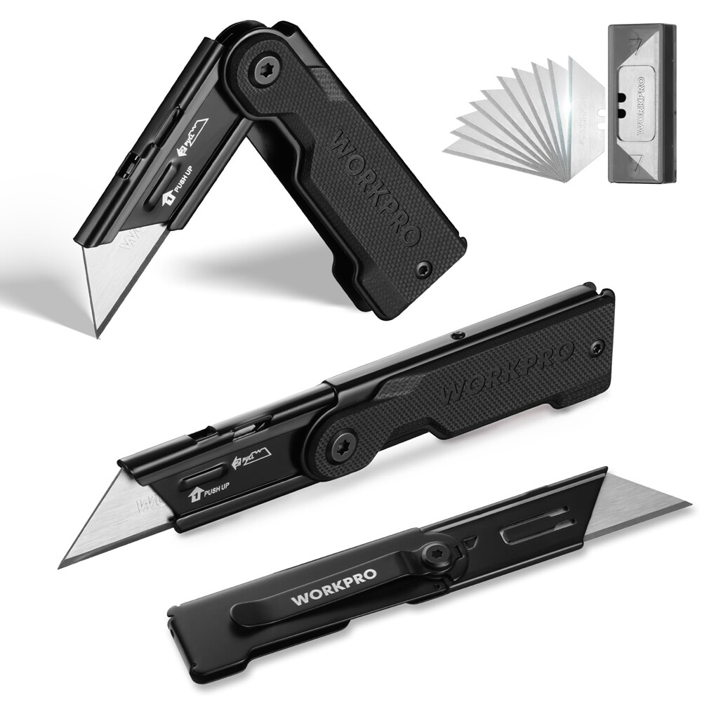 WORKPRO 3PCS Folding Utility Knife Set 10 Extra SK5 Blades G10 Handle Box Cutter