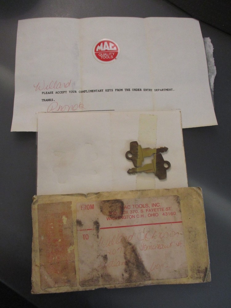 Vintage MAC Tools Brass Tool Box Keys Numbered / Unused with Original Papers