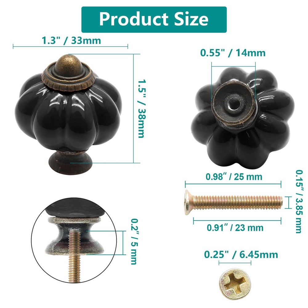 12pcs Black Vintage Ceramic Cabinet Knobs and Drawer Pulls with Mounting Screws