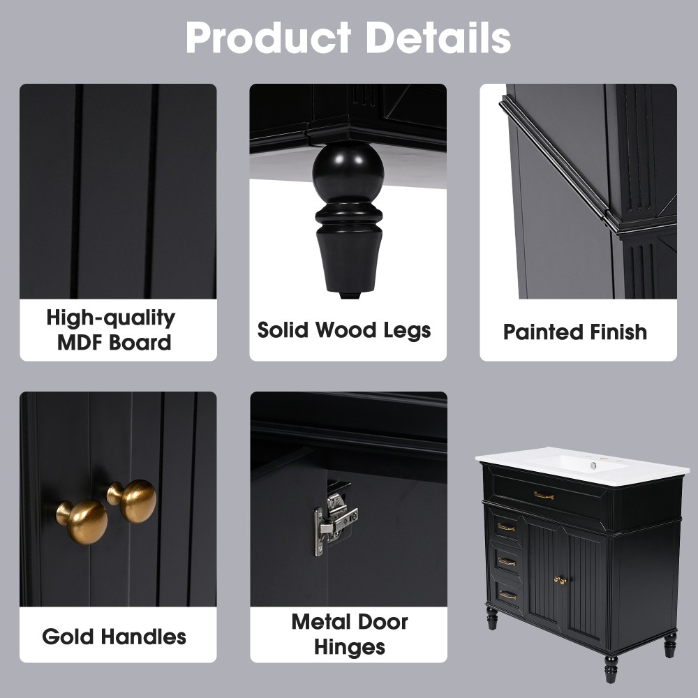 36" Bathroom Vanity with Sink, Bathroom Cabinet with Drawers, Solid Frame