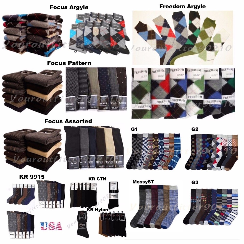 6 & 12 PACK Men Dress Socks Pattern Solid Assort Argyle Nylon Socks 9-11, 10-13