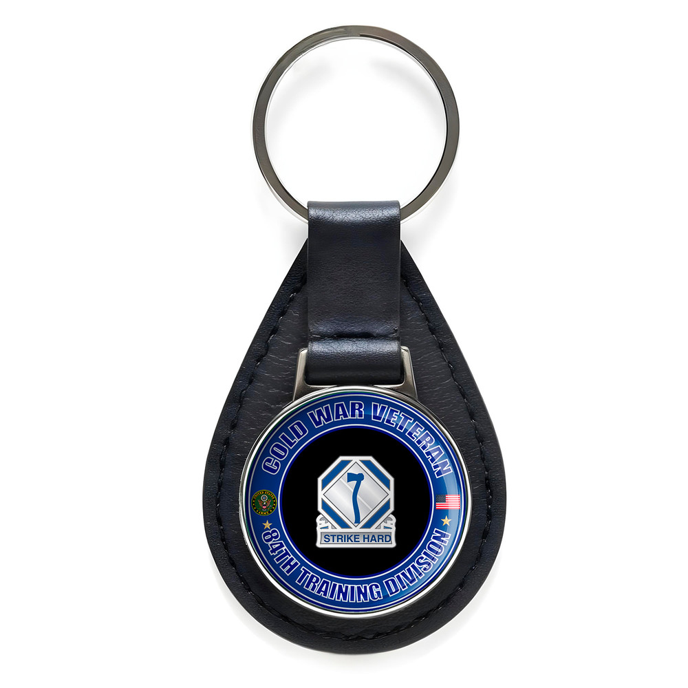 Cold War Veteran 84th Training Division Black Leather Keychain Silver Keyring