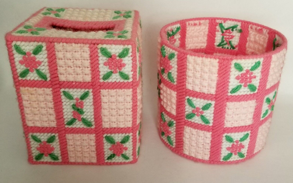Vintage Needlepoint Tissue Box Cover + Round Coordinating Container PINK Handmad