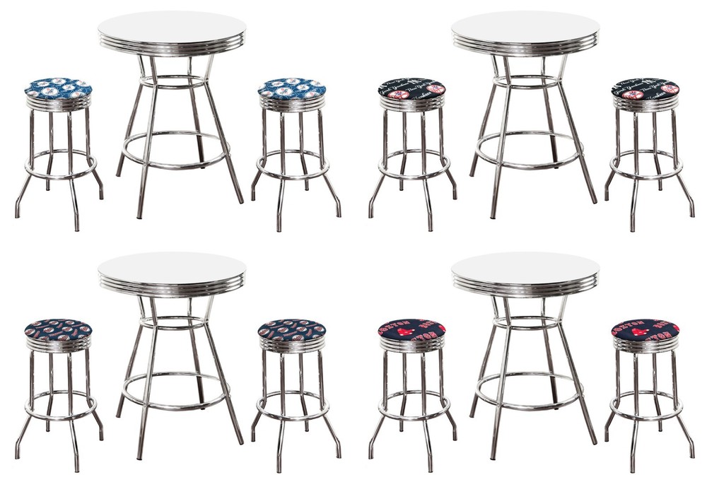 MLB White and Chrome Bar Table Set w/2 Backless Swivel Seat Team Fabric Stools