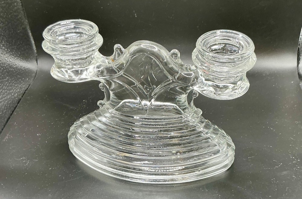L.E. SMITH GLASS: DOUBLE CANDLESTICK LINE "HORIZONTAL RIBBED" CLEAR 1930'S