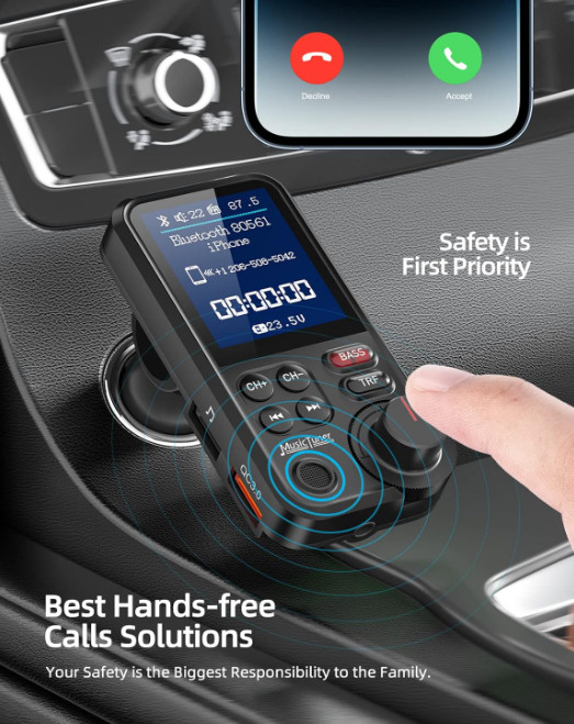 FM Bluetooth Transmitter for Car, Strong Microphone Bluetooth Car Adapter 1.8"