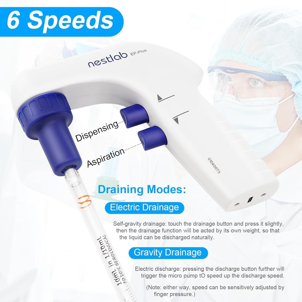 Lab Electric Pipette Controller 0.1-100ml for Lab LCD Screen 6 Adjustable Speed