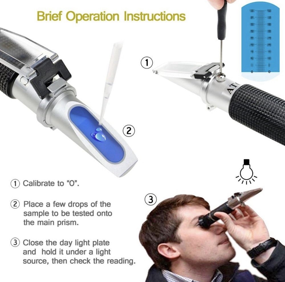 Brix Refractometer with ATC, Dual Scale - Specific Gravity & Brix, Hydrometer in