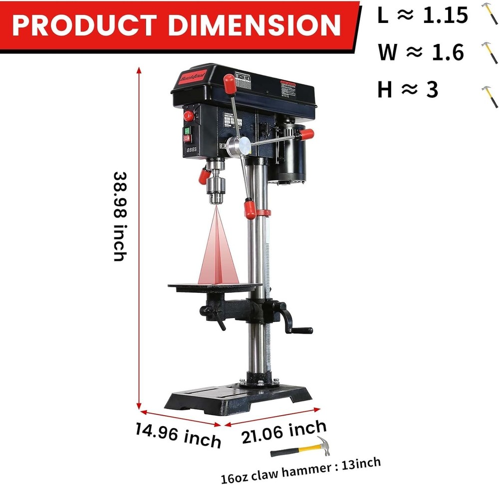 BUCKTOOL 12-Inch 3/4HP Variable Speed Bench Top Drill Press with Laser Guide