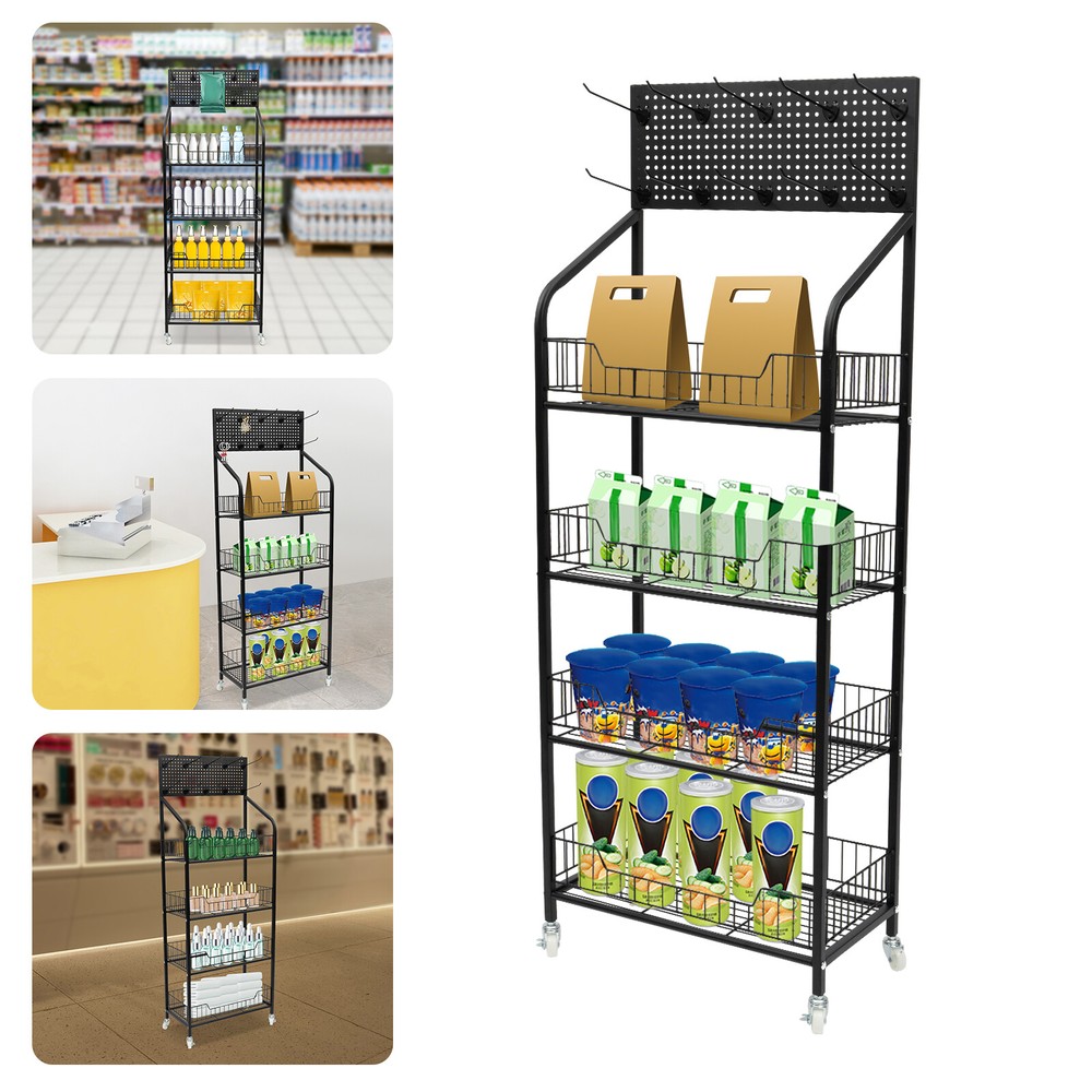 4-Tier Adjustable Rolling Snack Rack with Hanging Board - Freestanding Display