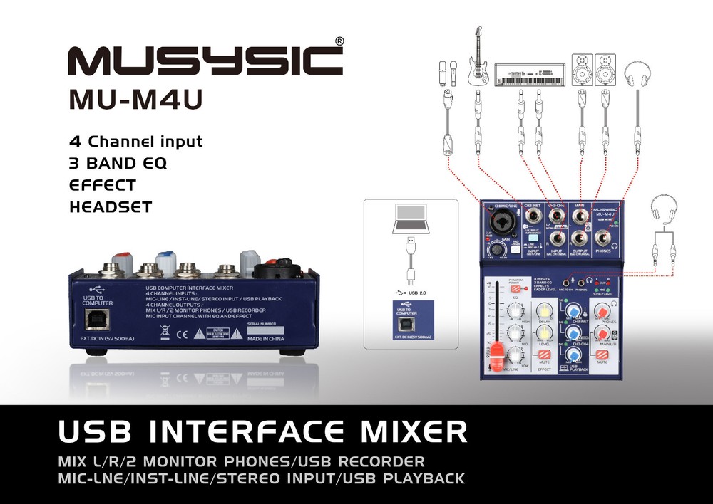 MUSYSIC 4-Channel Digital Mixer with USB Interface Studio,Webcast,Podcast MU-M4U