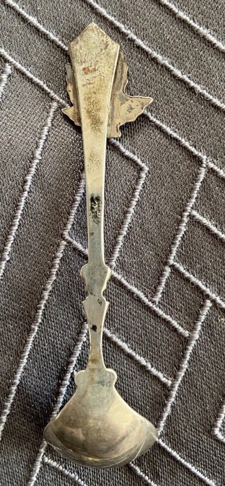 Sterling Silver Mini Salt Spoon Enamel Canada Maple Leaf By BM Co. 2.5”