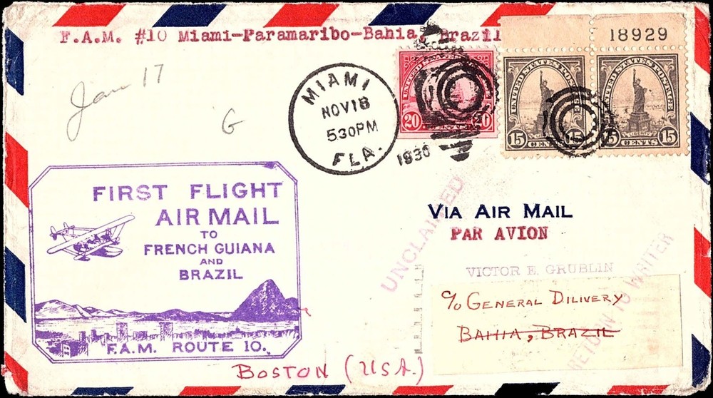 FAM 10 Miami–Paramaribo–Brazil 1930 First Flight