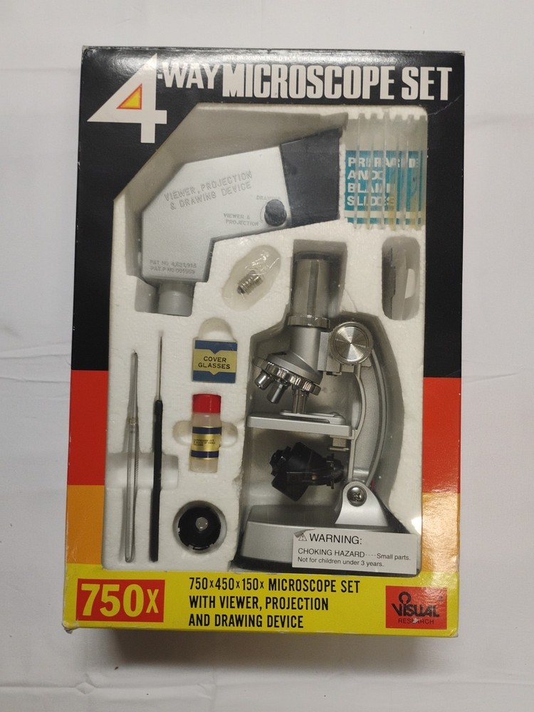 Vintage 4-Way Microscope Set 750x Visual Research Japan Complete Open Box