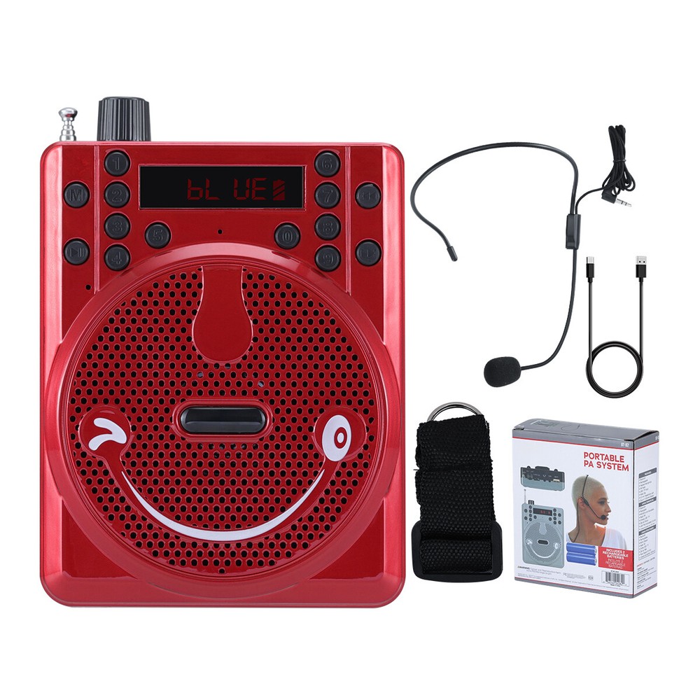 Portable Bluetooth PA System Headset Microphone Rechargeable USB Micro SD FM Red