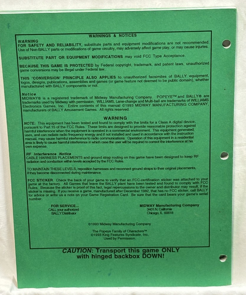 ORIGINAL-BALLY-POPEYE SAVES THE EARTH-OPERATIONS MANUAL